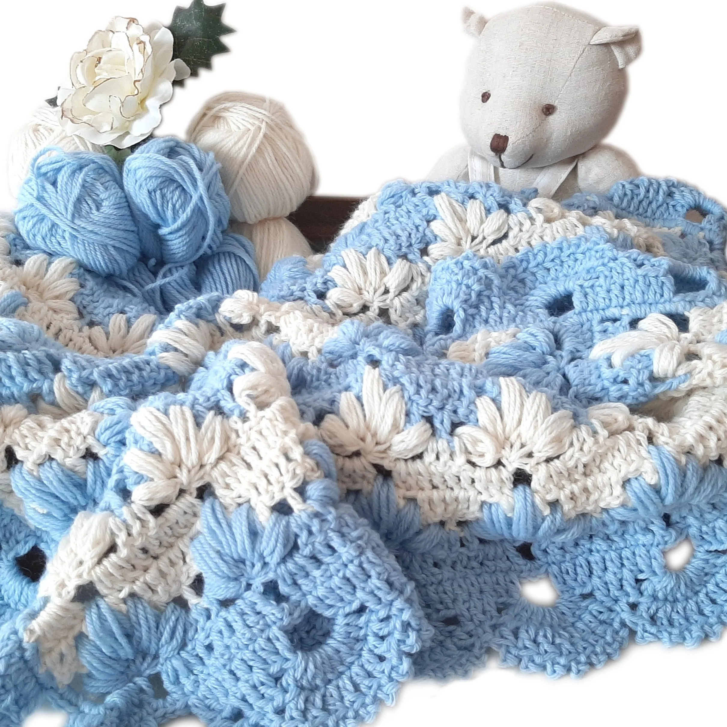 Copertina neonato lana panna azzurro artigianale all'uncinetto TULIP POUFF - immagine 2