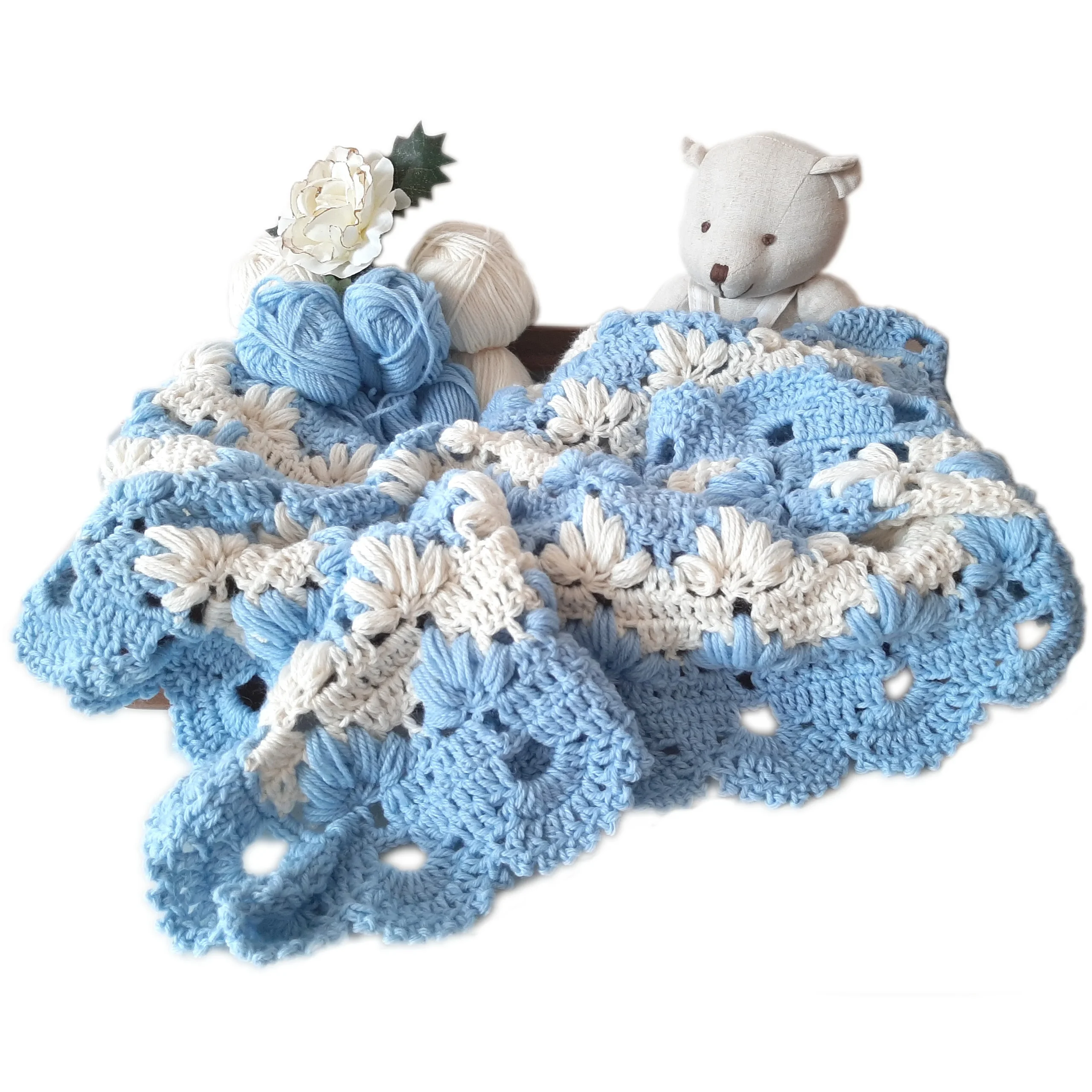 Copertina neonato lana panna azzurro artigianale all'uncinetto TULIP POUFF - immagine 3