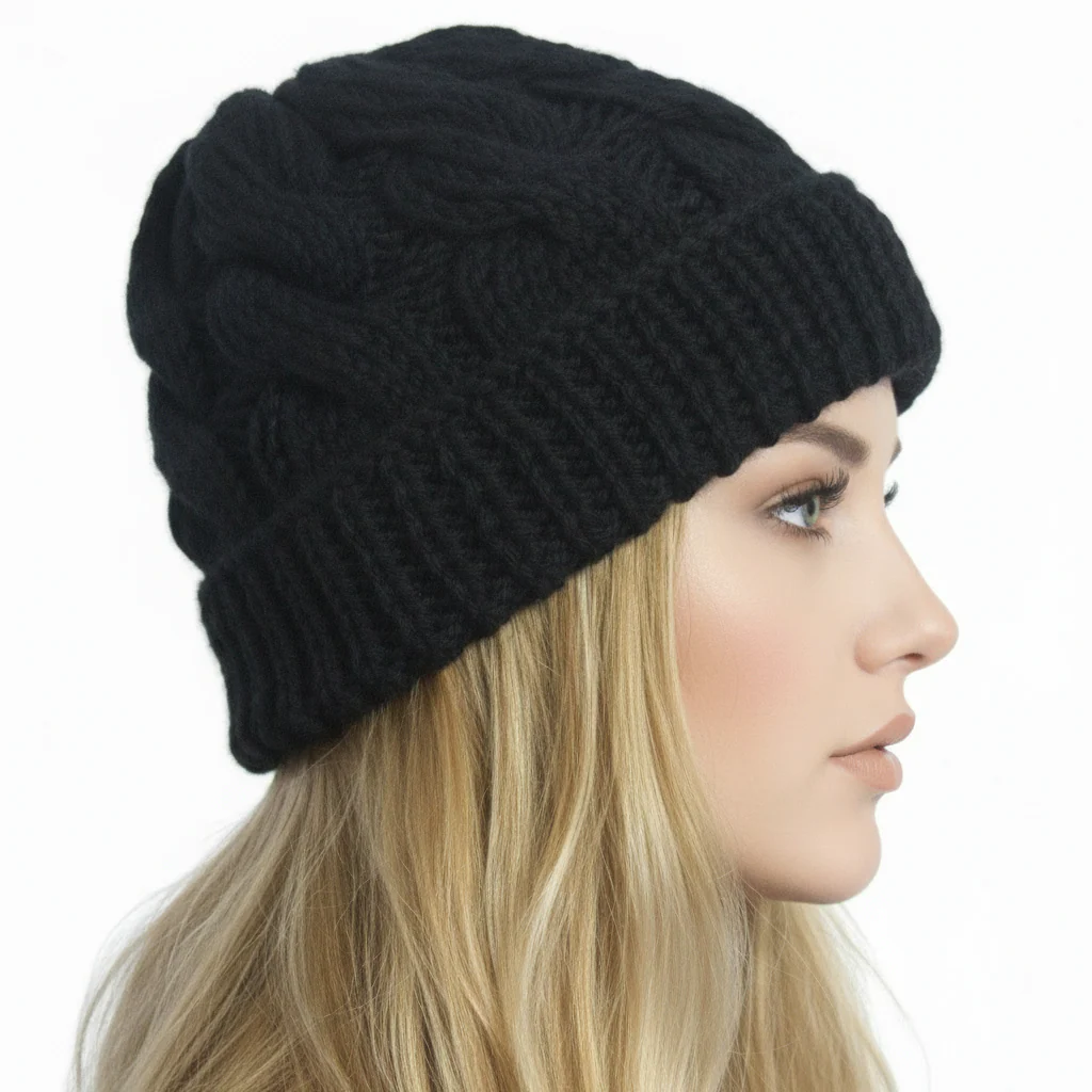 Berretto cappello donna lana Trecce con rovescia artigianale - nero - immagine 3
