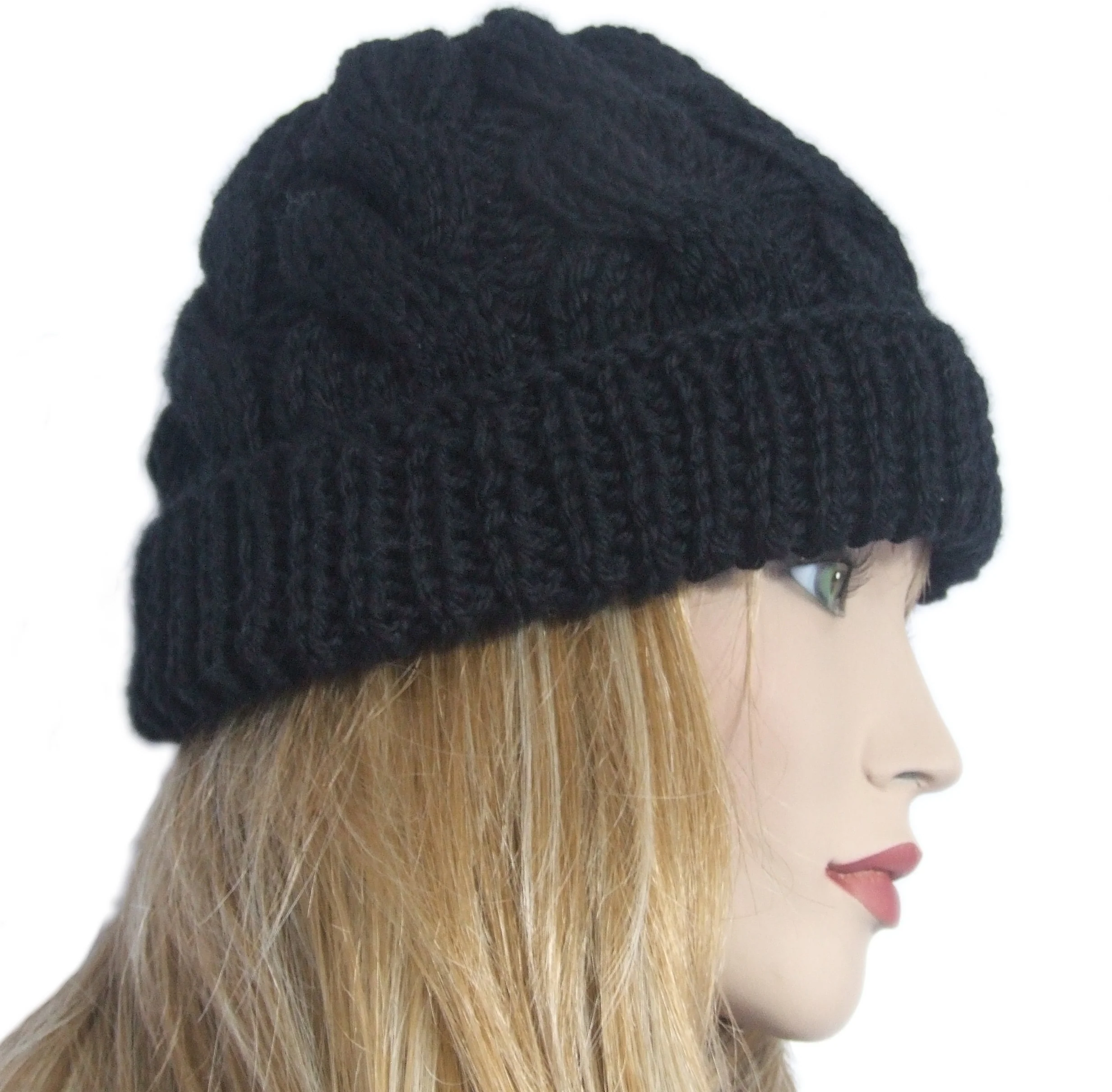 Berretto cappello donna lana Trecce con rovescia artigianale - nero - immagine 4