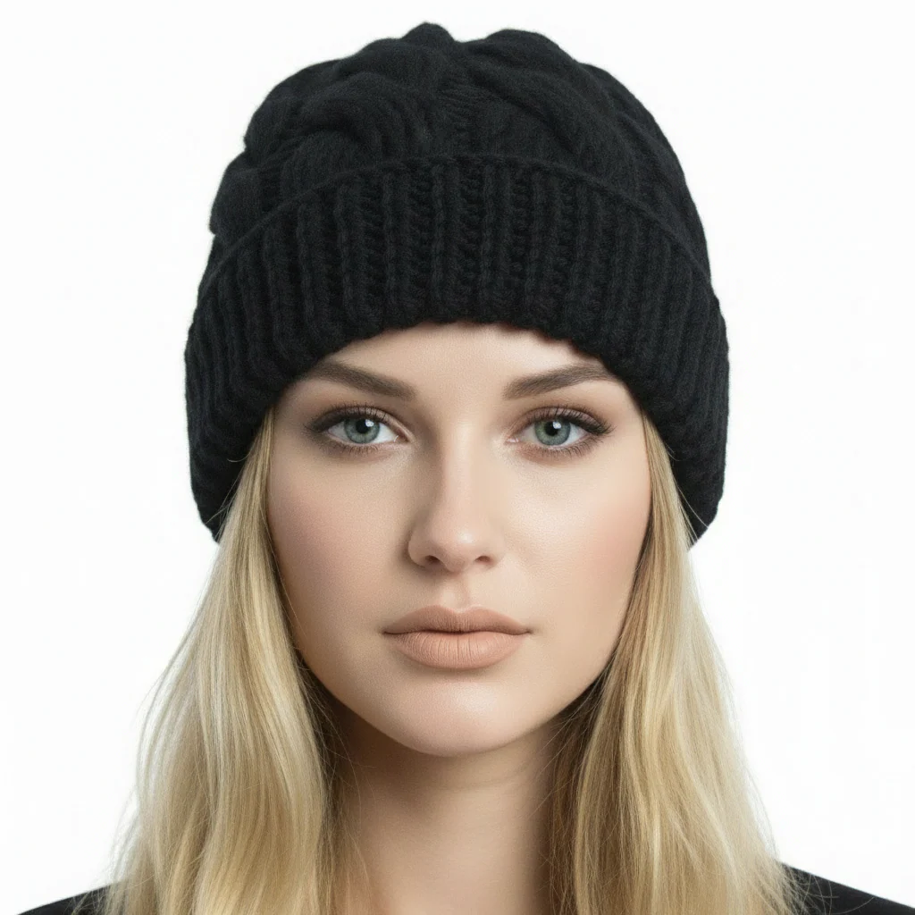 Berretto cappello donna lana Trecce con rovescia artigianale - nero - immagine 2