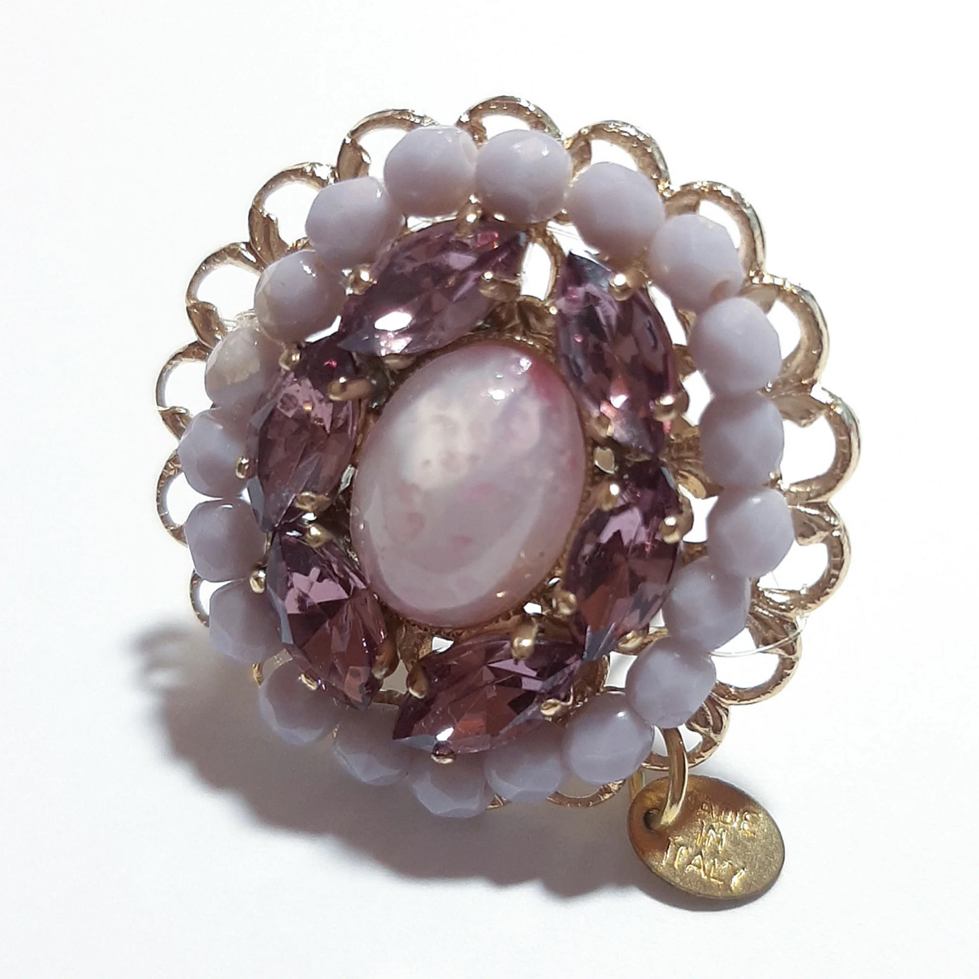 Anello donna tono oro con cristalli e perline viola – regolabile – centrale ovale - immagine 2