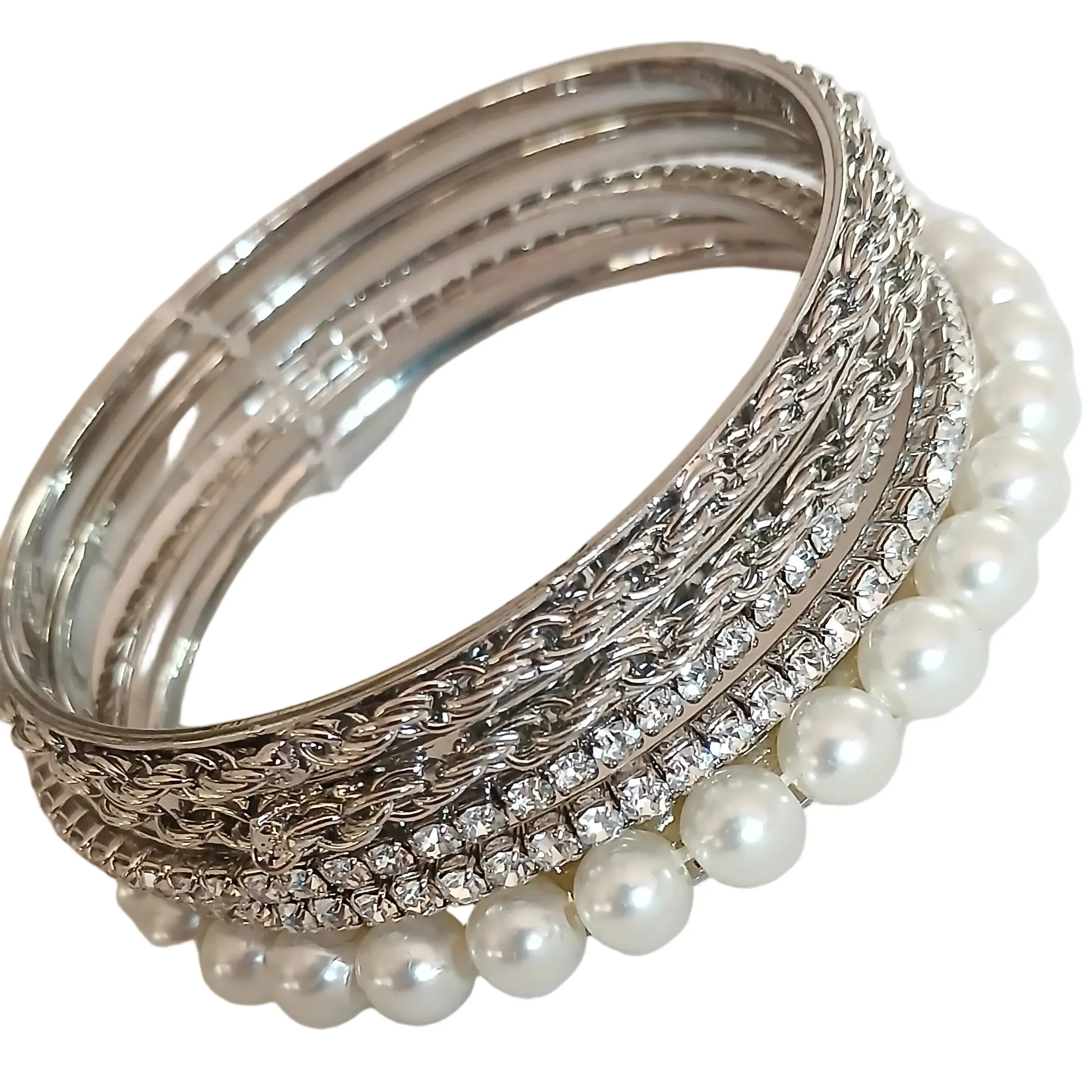 Bracciale set 5 bracciali strass bianco tono argento - immagine 2