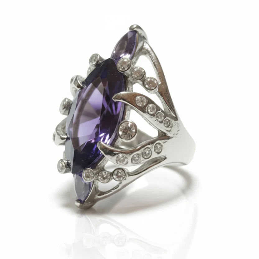 Anello Donna Pietra Viola e Strass Bianchi - Metallo Tono Argento AMIGDALA - immagine 2