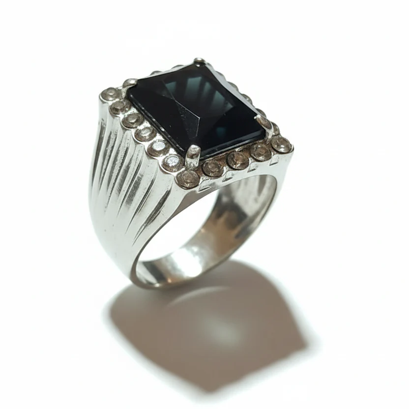 Anello Donna Statement Pietra Nera e Strass Fumè - Metallo Tono Argento