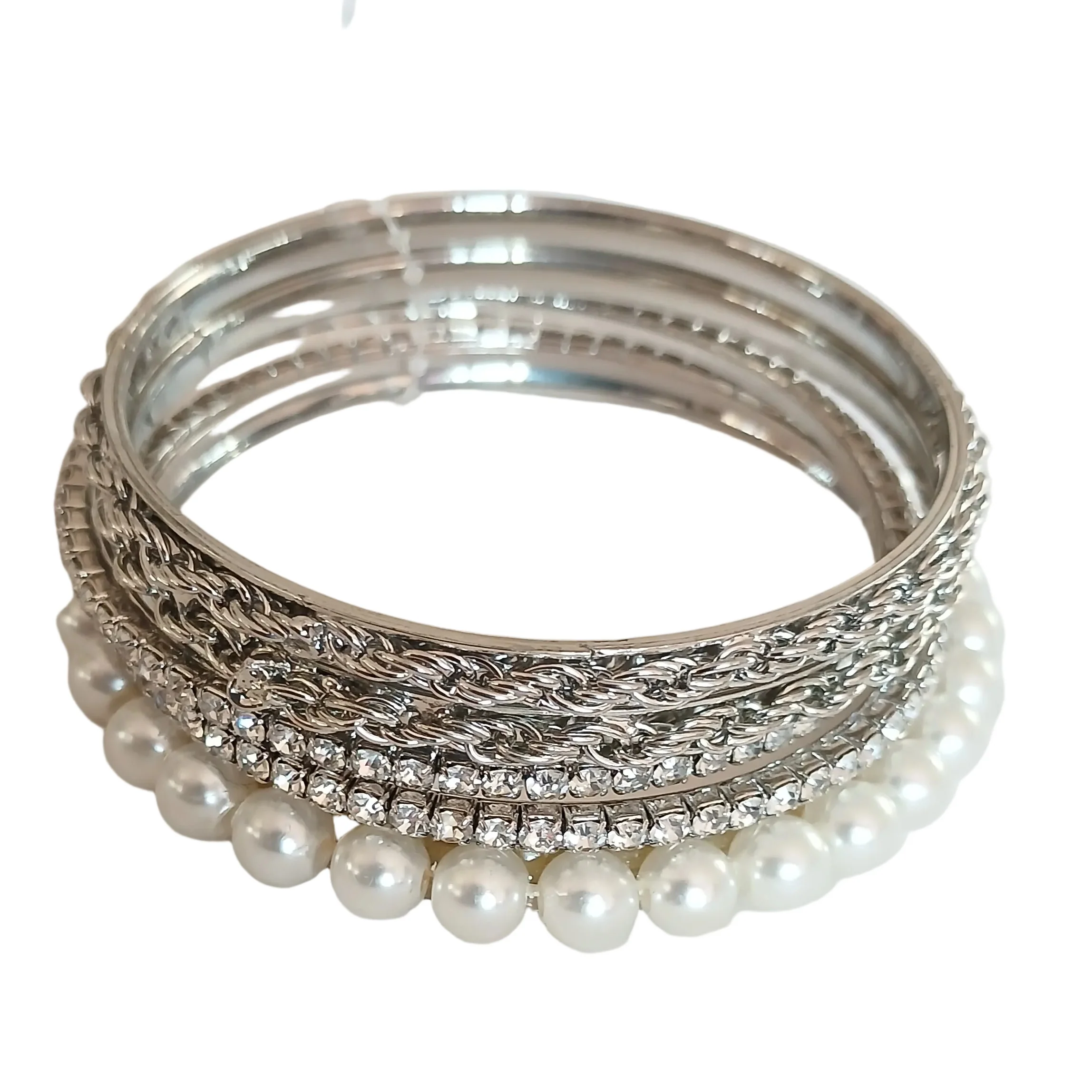 Bracciale set 5 bracciali strass bianco tono argento - immagine 5