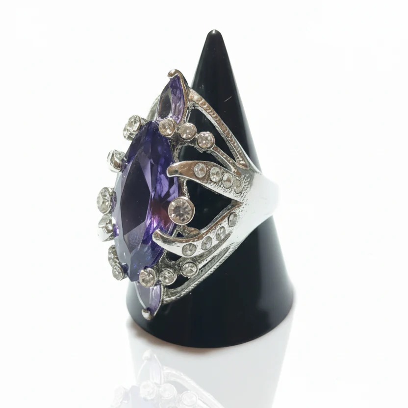 Anello Donna Pietra Viola e Strass Bianchi - Metallo Tono Argento AMIGDALA - immagine 4
