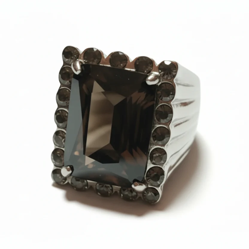 Anello Donna Statement Pietra Nera e Strass Fumè - Metallo Tono Argento - immagine 4
