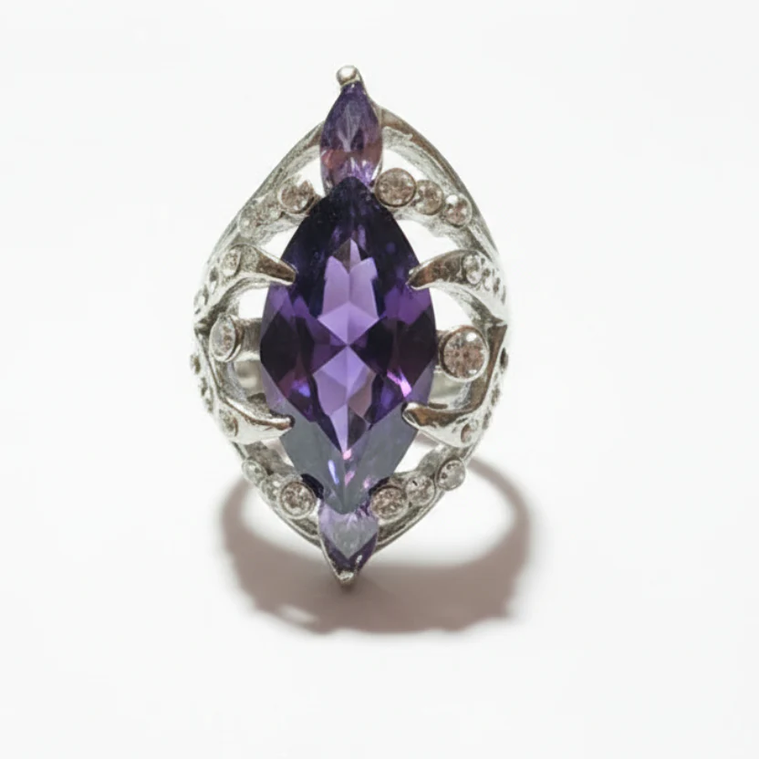 Anello Donna Pietra Viola e Strass Bianchi - Metallo Tono Argento AMIGDALA - immagine 3